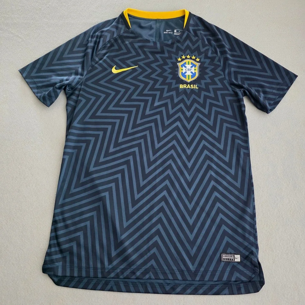 Nike Brazil CBF Pre-Match Training Jersey Mens Medium Navy Zigzag Dri-FIT